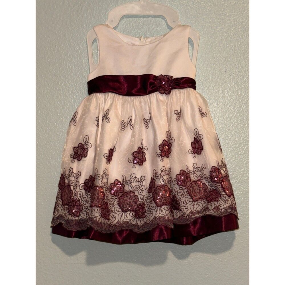 Princess Faith Dress Girls 24M Sleeveless Floral Sequin Party Burgundy Bow NWOT